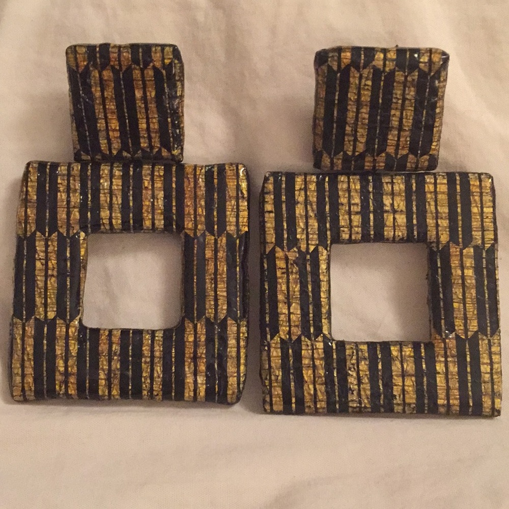 Gold & Black Decoupage Clip-on Statement Earrings